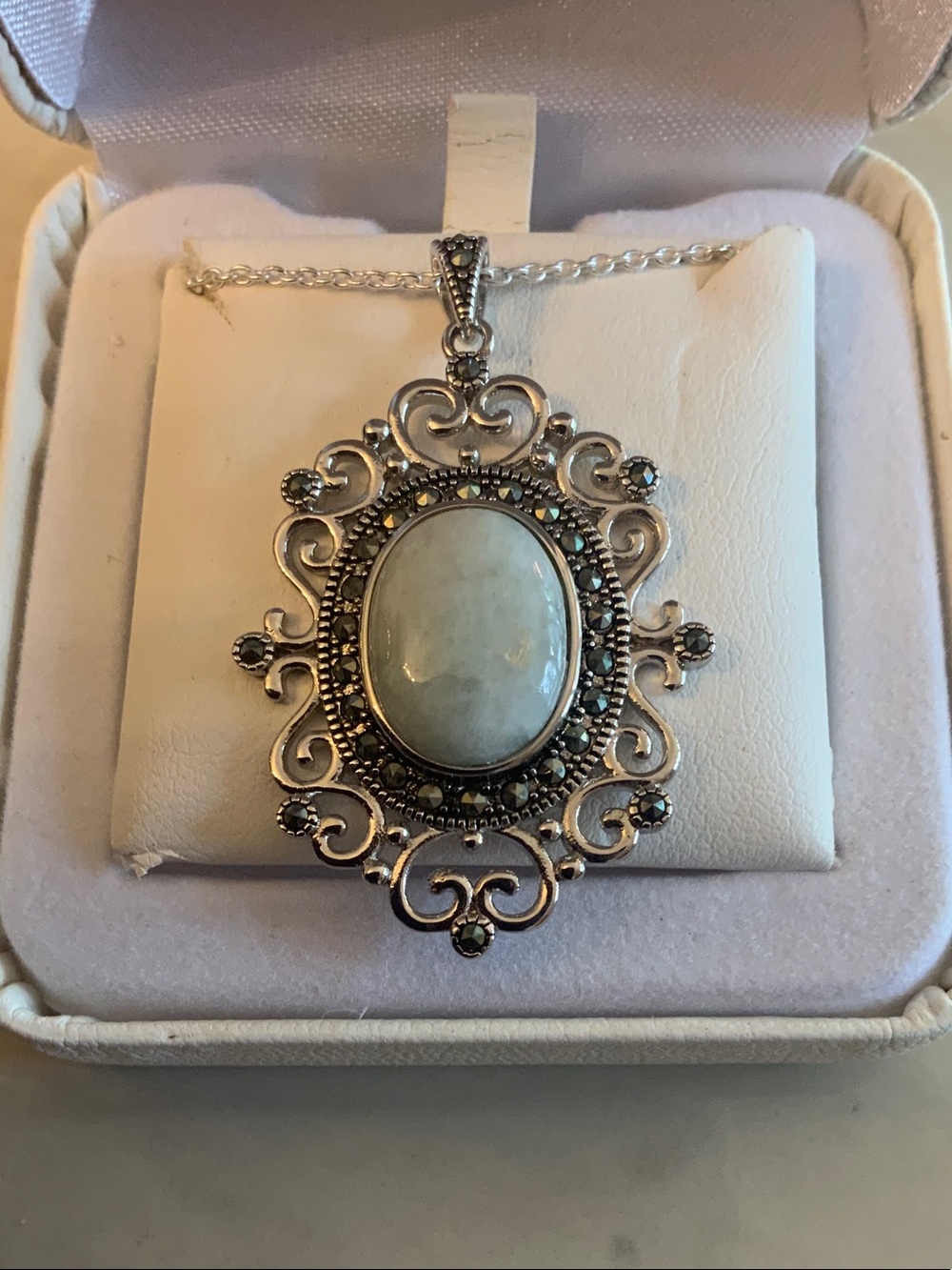 Kohl's Silver Plated Filigree Pendant Necklace with Marcasite and Jade center st